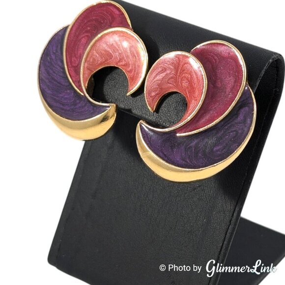 VTG 90s Avon Swirl of Color Swirl Pink Purple Enamel Gold Tone Clip On Earrings - Picture 4 of 12